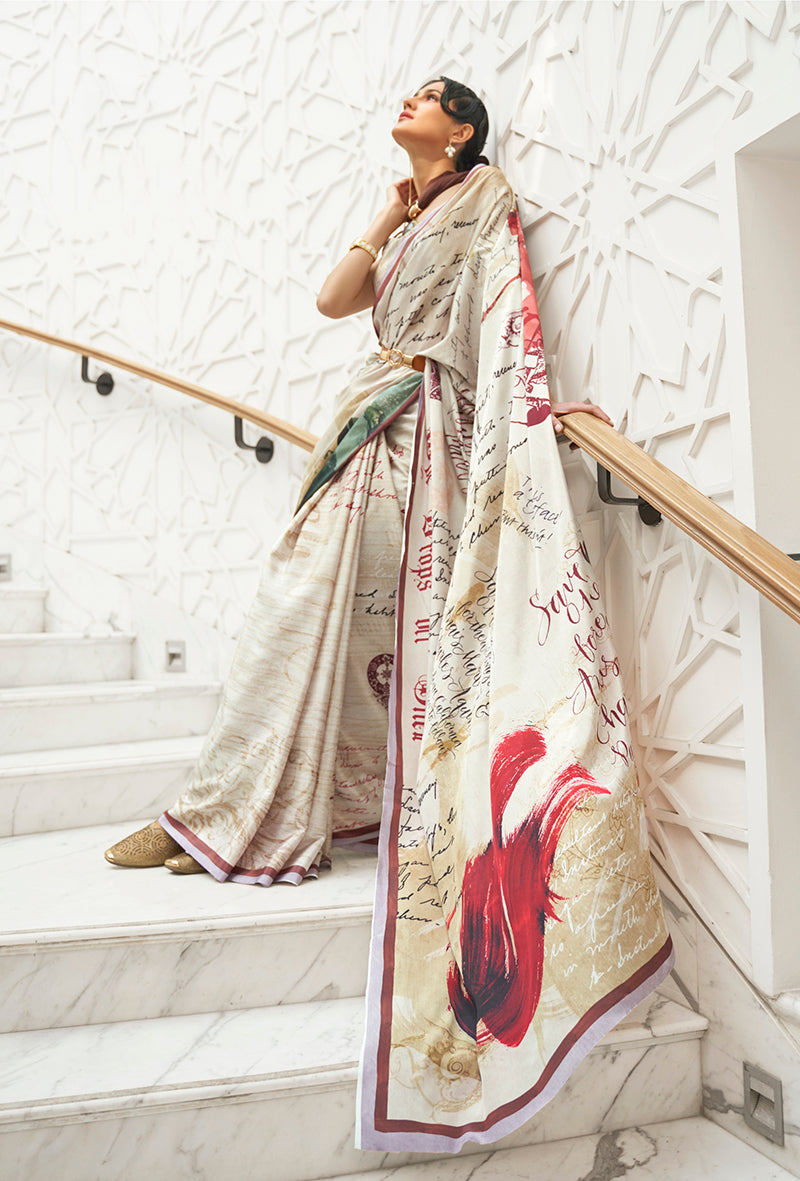 Monjolika Fashion Cream Colour Classic Digital Printed Crepe Silk Saree | Grocsy