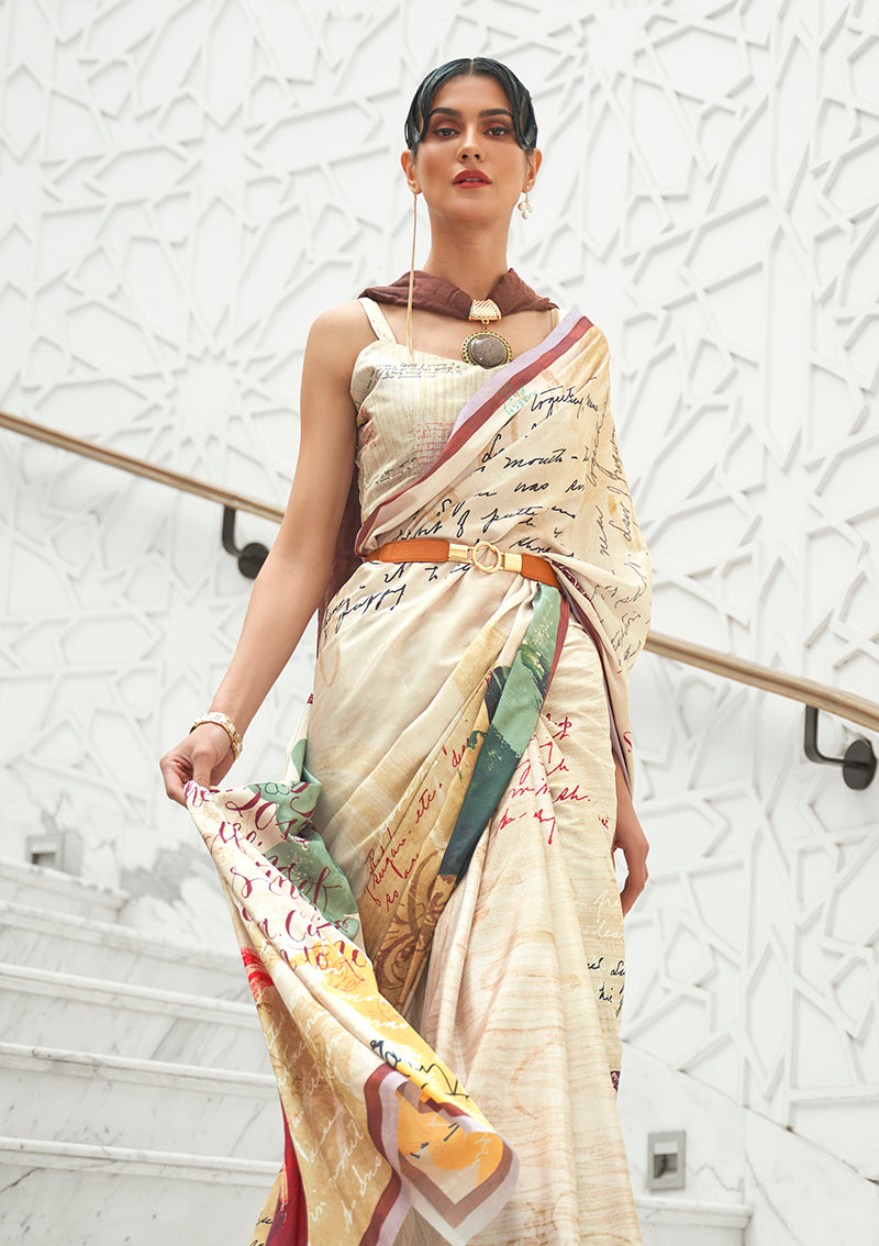 Monjolika Fashion Cream Colour Classic Digital Printed Crepe Silk Saree | Grocsy
