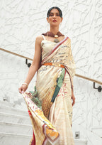 Monjolika Fashion Cream Colour Classic Digital Printed Crepe Silk Saree | Grocsy