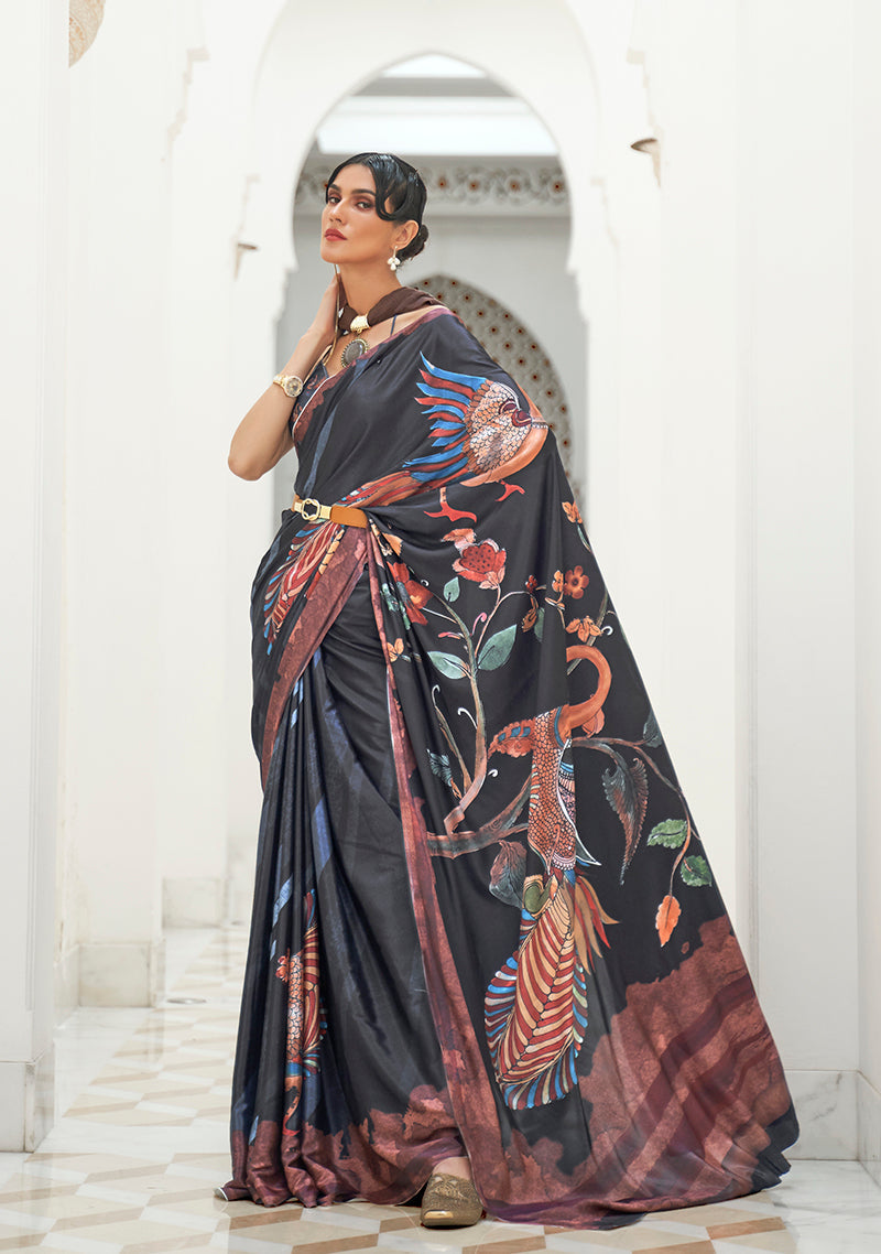 Monjolika Fashion Black Colour Classic Digital Printed Crepe Silk Saree | Grocsy