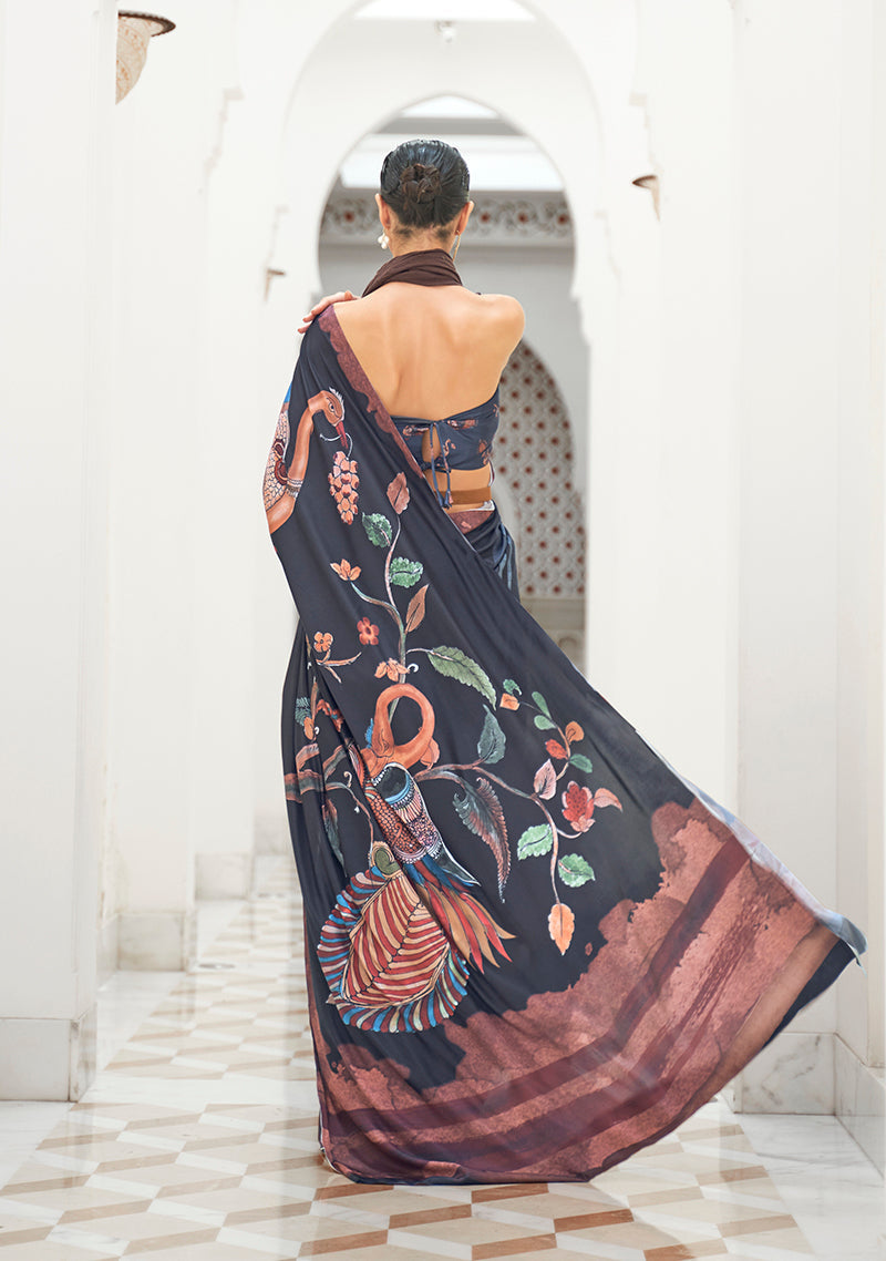 Monjolika Fashion Black Colour Classic Digital Printed Crepe Silk Saree | Grocsy