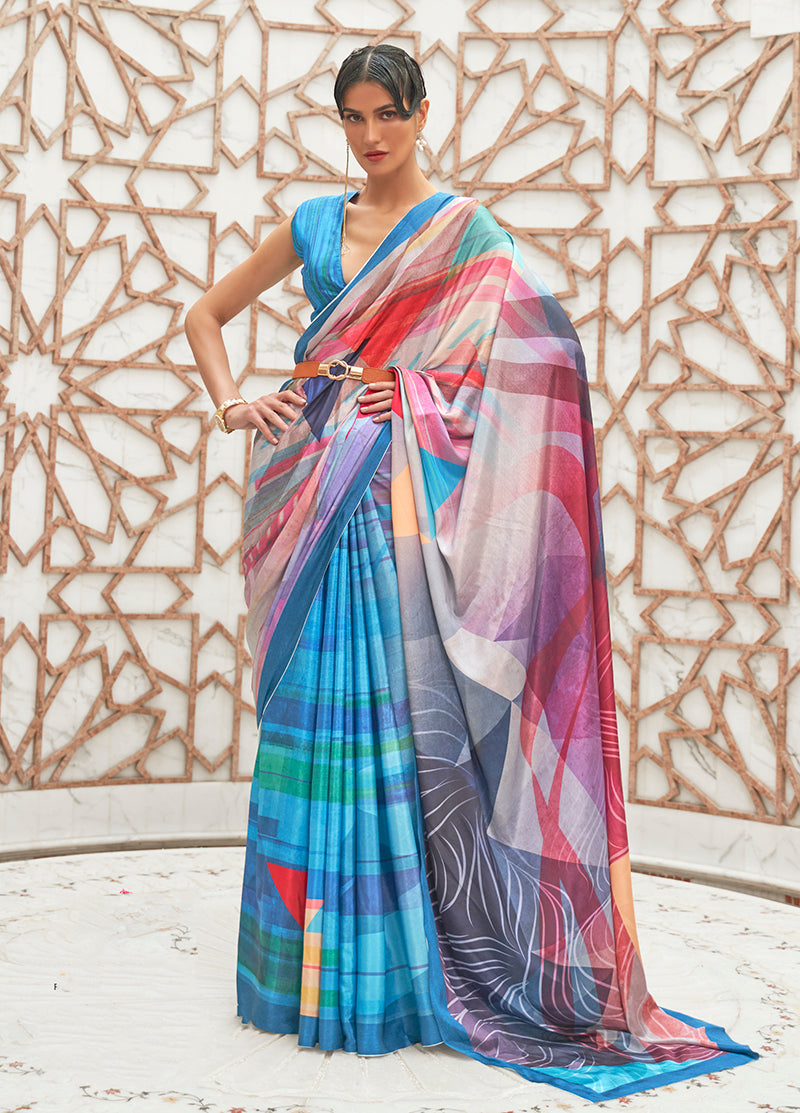 Monjolika Fashion Blue Colour Classic Digital Printed Crepe Silk Saree | Grocsy