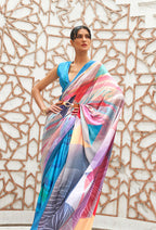 Monjolika Fashion Blue Colour Classic Digital Printed Crepe Silk Saree | Grocsy