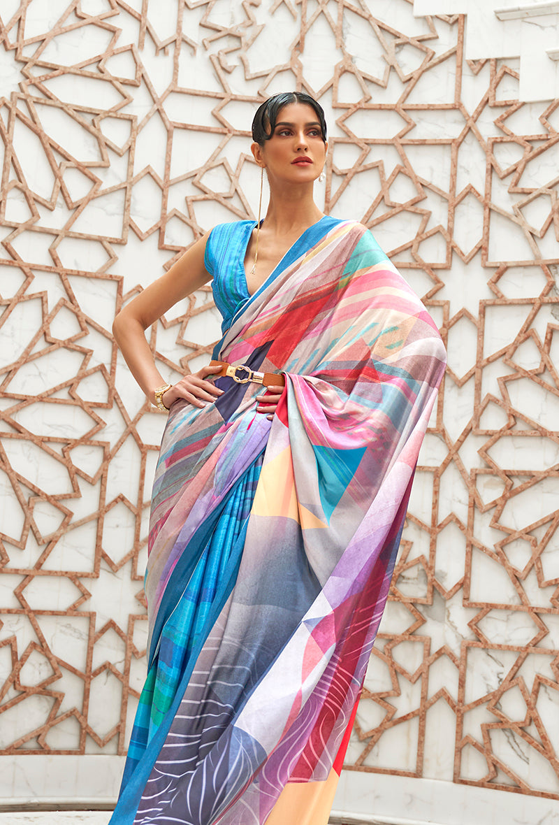 Monjolika Fashion Blue Colour Classic Digital Printed Crepe Silk Saree | Grocsy