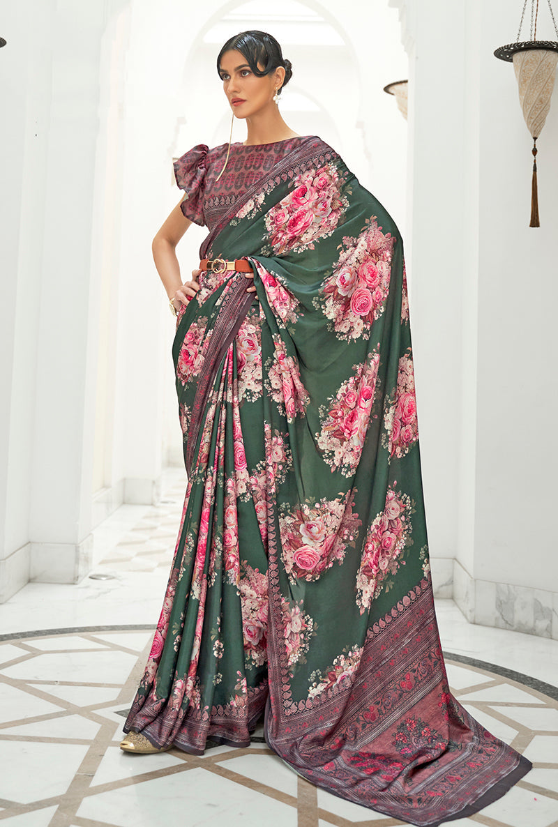 Monjolika Fashion Dark Green Colour Classic Digital Printed Crepe Silk Saree | Grocsy