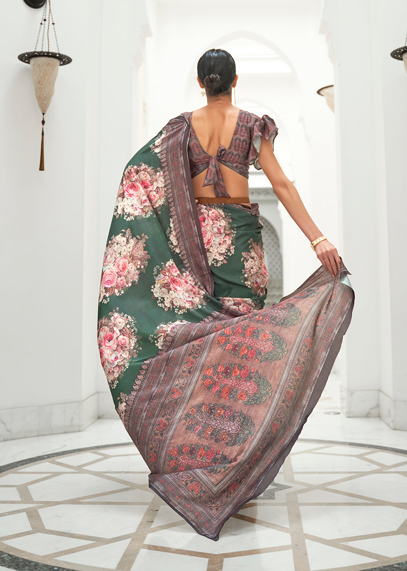 Monjolika Fashion Dark Green Colour Classic Digital Printed Crepe Silk Saree | Grocsy