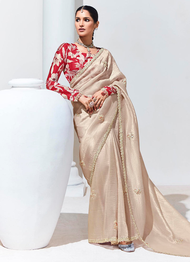 Monjolika Fashion Cream Embroidered Sequence Work Saree For Festival | Grocsy
