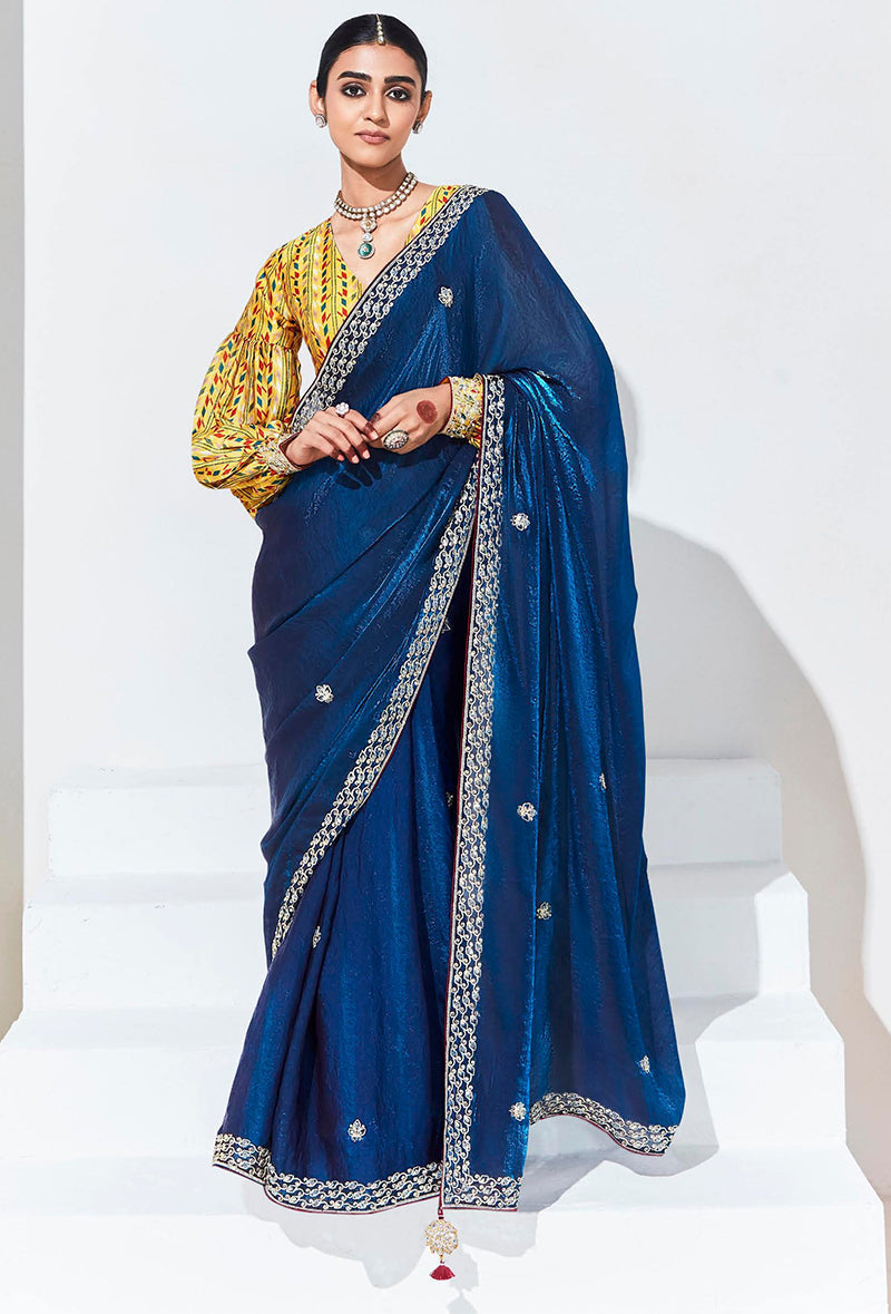 Monjolika Fashion Dark Blue Embroidered Sequence Work Saree For Festival | Grocsy