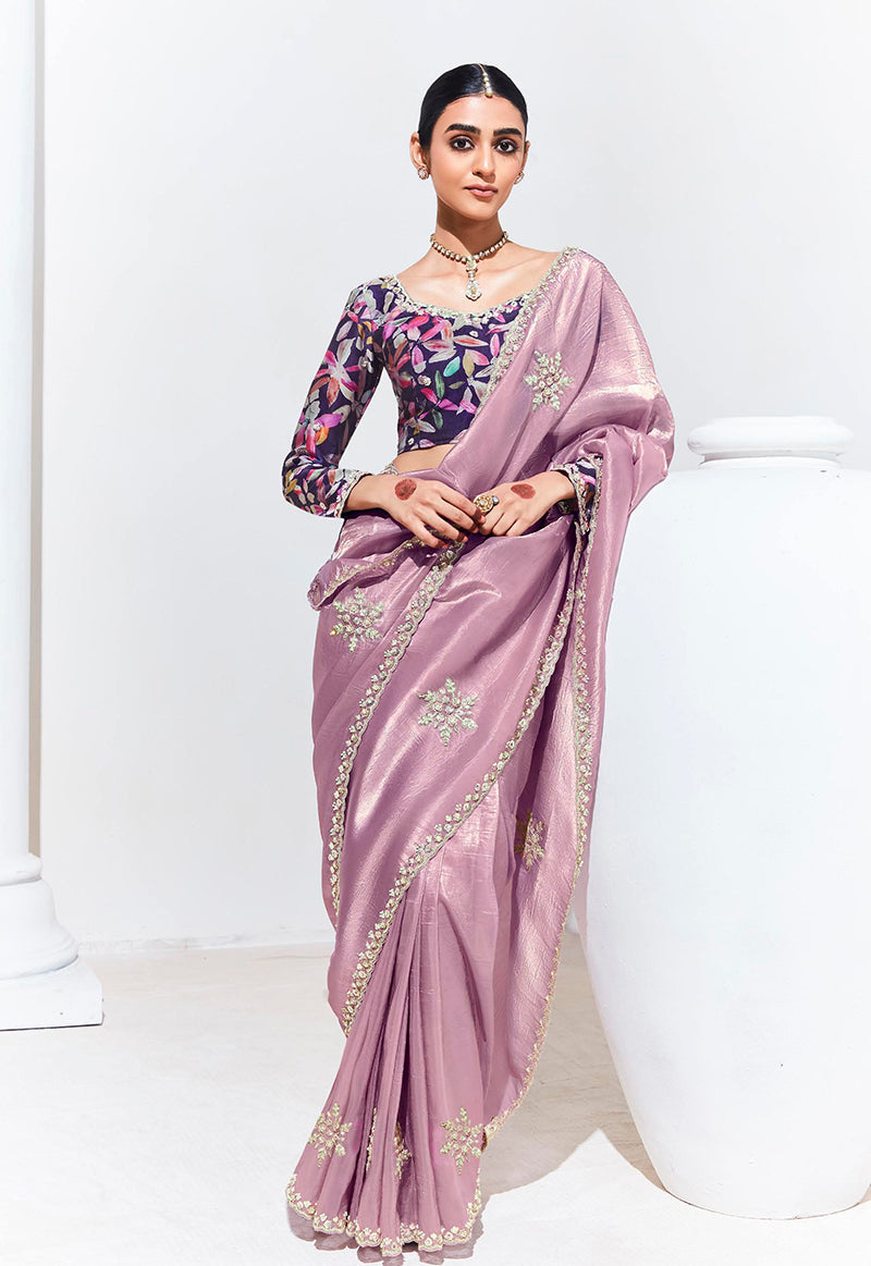 Monjolika Fashion Onion Pink Embroidered Sequence Work Saree For Festival | Grocsy