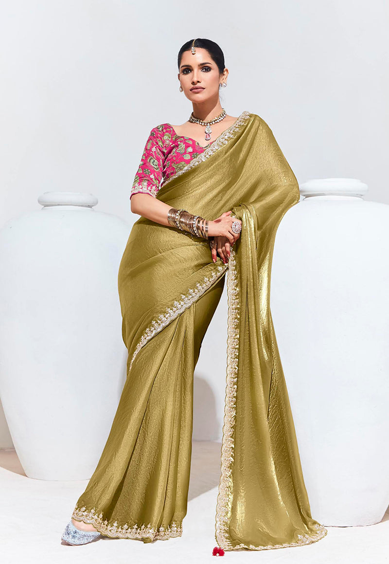 Monjolika Fashion Olive Embroidered Sequence Work Saree For Festival | Grocsy