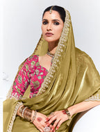Monjolika Fashion Olive Embroidered Sequence Work Saree For Festival | Grocsy