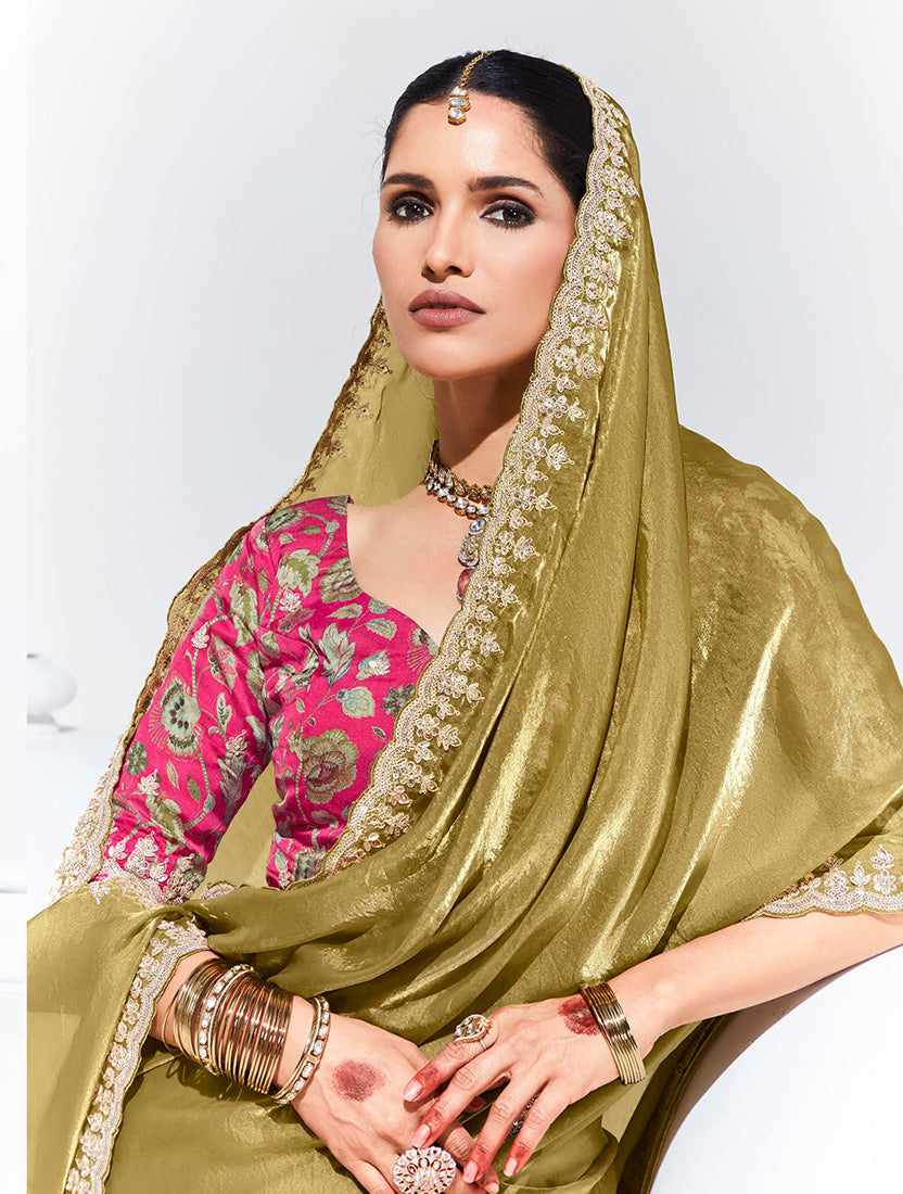 Monjolika Fashion Olive Embroidered Sequence Work Saree For Festival | Grocsy
