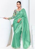 Monjolika Fashion Light Cyan Embroidered Sequence Work Saree For Festival | Grocsy