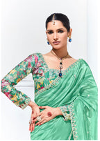 Monjolika Fashion Light Cyan Embroidered Sequence Work Saree For Festival | Grocsy