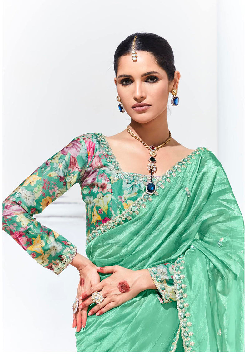 Monjolika Fashion Light Cyan Embroidered Sequence Work Saree For Festival | Grocsy