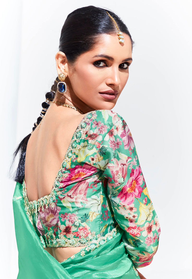 Monjolika Fashion Light Cyan Embroidered Sequence Work Saree For Festival | Grocsy