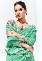 Monjolika Fashion Light Cyan Embroidered Sequence Work Saree For Festival | Grocsy