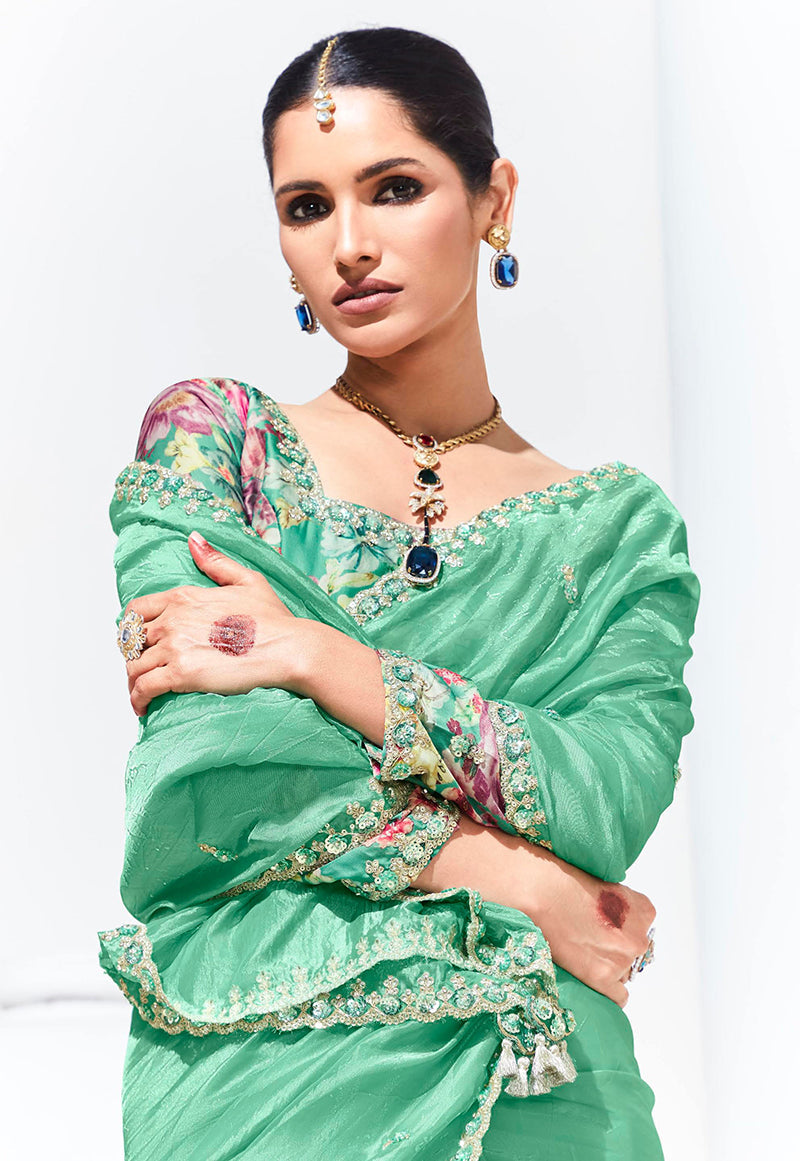 Monjolika Fashion Light Cyan Embroidered Sequence Work Saree For Festival | Grocsy