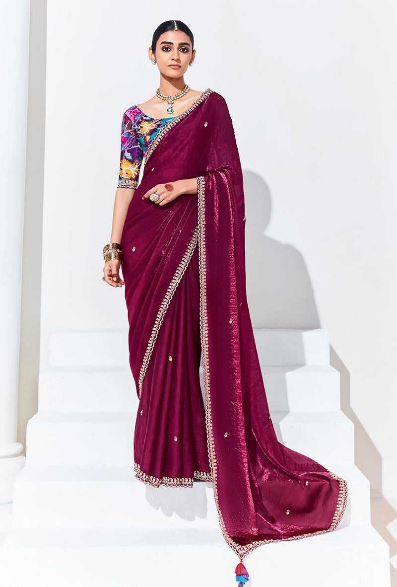 Monjolika Fashion Plum Embroidered Sequence Work Saree For Festival | Grocsy