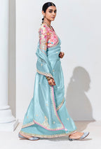 Monjolika Fashion Sky Blue Embroidered Sequence Work Saree For Festival | Grocsy