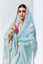 Monjolika Fashion Sky Blue Embroidered Sequence Work Saree For Festival | Grocsy