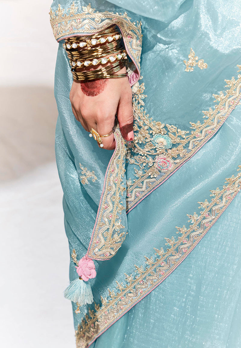 Monjolika Fashion Sky Blue Embroidered Sequence Work Saree For Festival | Grocsy
