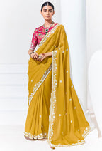 Monjolika Fashion Mustard Embroidered Sequence Work Saree For Festival | Grocsy