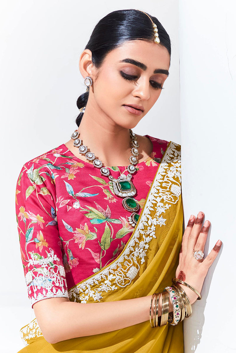 Monjolika Fashion Mustard Embroidered Sequence Work Saree For Festival | Grocsy