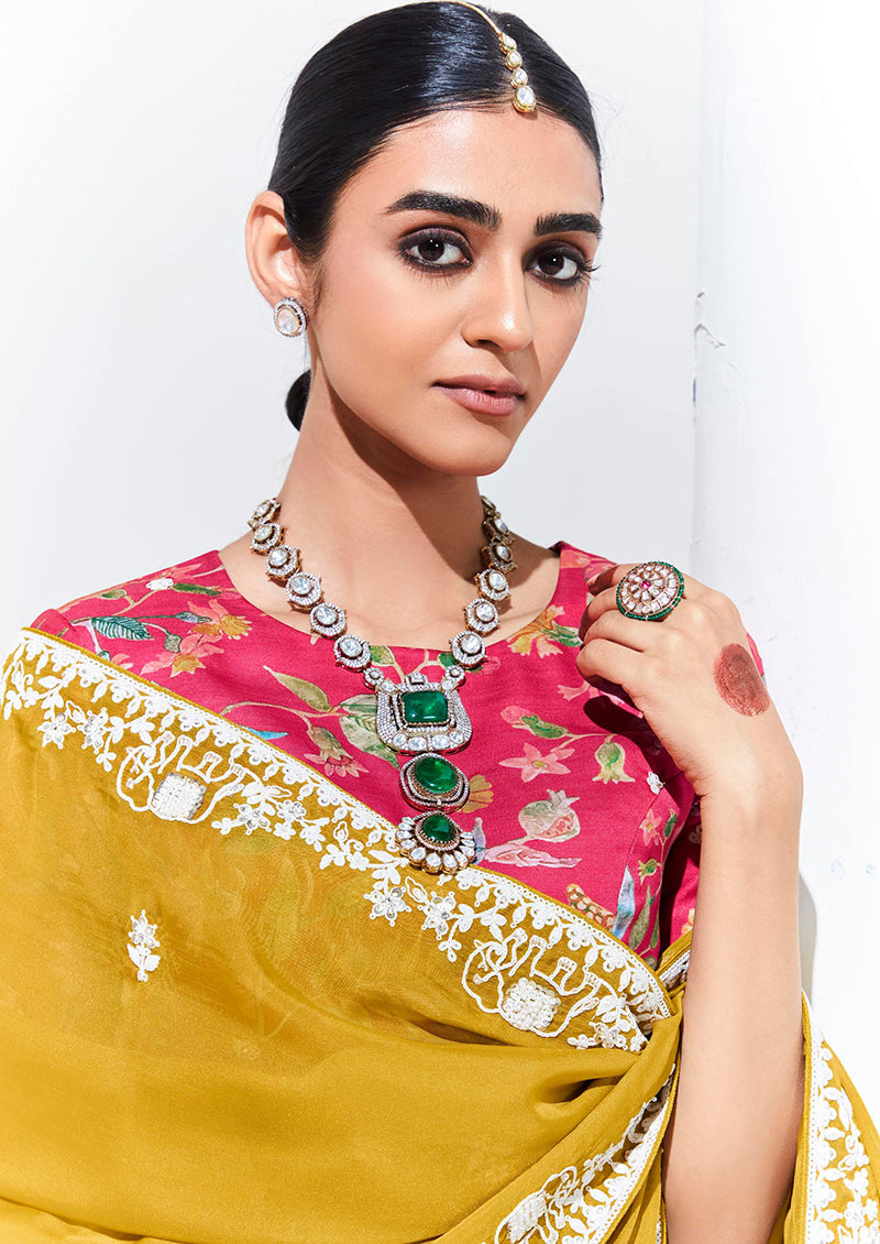 Monjolika Fashion Mustard Embroidered Sequence Work Saree For Festival | Grocsy