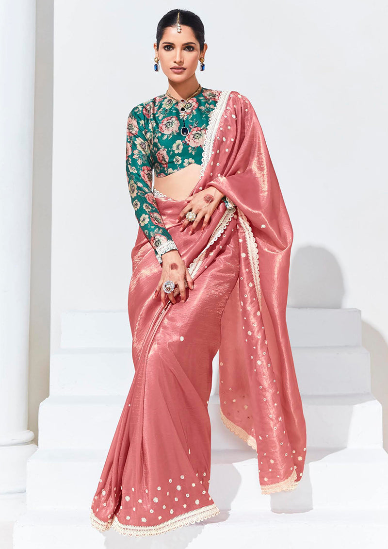 Monjolika Fashion Peach Embroidered Sequence Work Saree For Festival | Grocsy