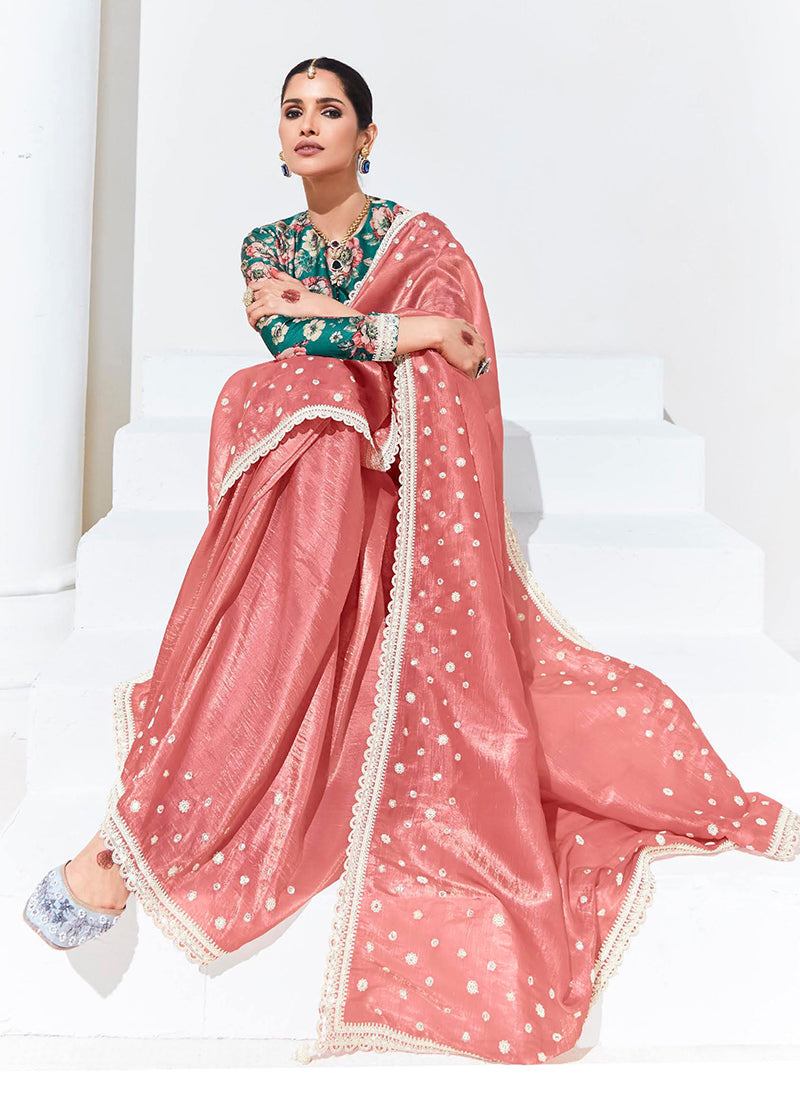 Monjolika Fashion Peach Embroidered Sequence Work Saree For Festival | Grocsy