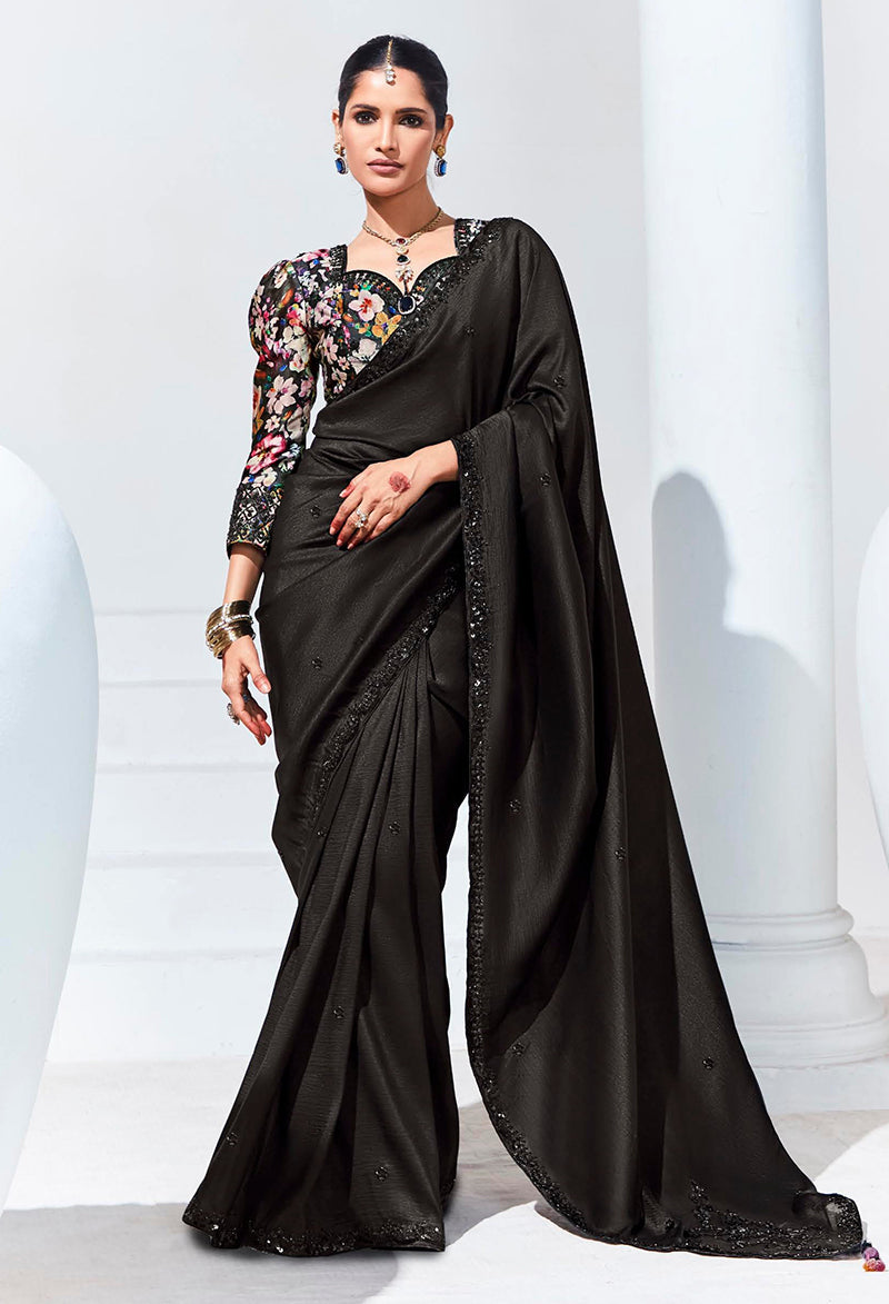Monjolika Fashion Black Embroidered Sequence Work Saree For Festival | Grocsy
