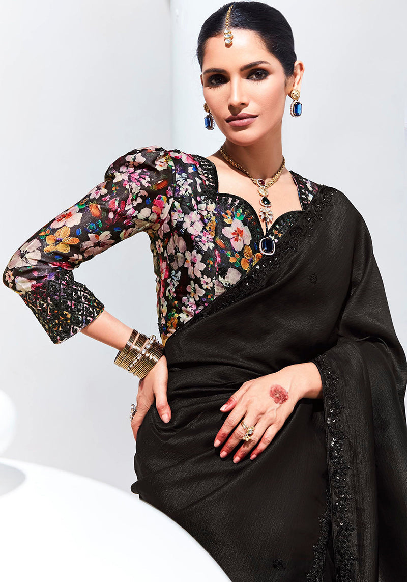 Monjolika Fashion Black Embroidered Sequence Work Saree For Festival | Grocsy