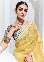Monjolika Fashion Light Yellow Embroidered Sequence Work Saree For Festival | Grocsy