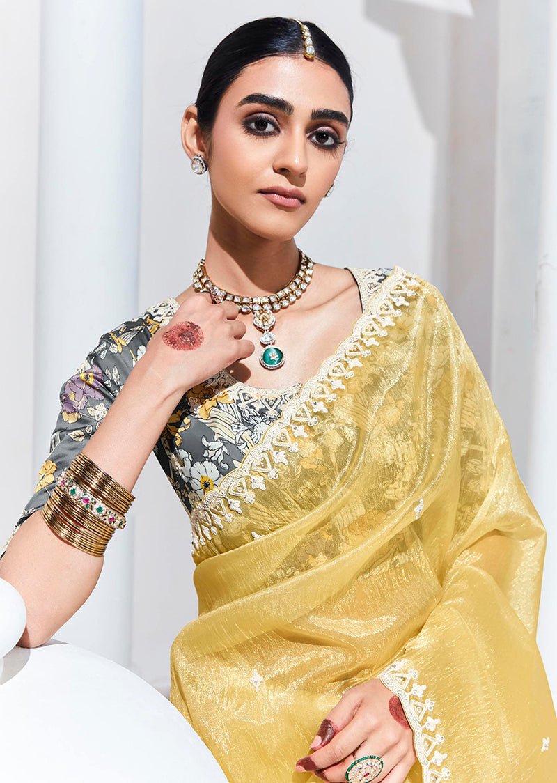 Monjolika Fashion Light Yellow Embroidered Sequence Work Saree For Festival | Grocsy