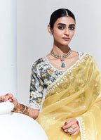 Monjolika Fashion Light Yellow Embroidered Sequence Work Saree For Festival | Grocsy