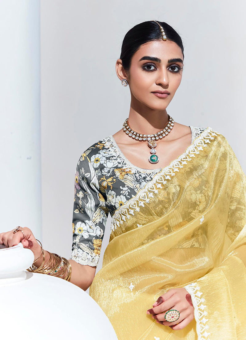 Monjolika Fashion Light Yellow Embroidered Sequence Work Saree For Festival | Grocsy