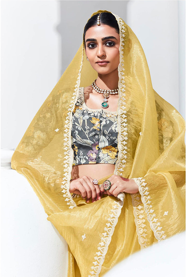 Monjolika Fashion Light Yellow Embroidered Sequence Work Saree For Festival | Grocsy
