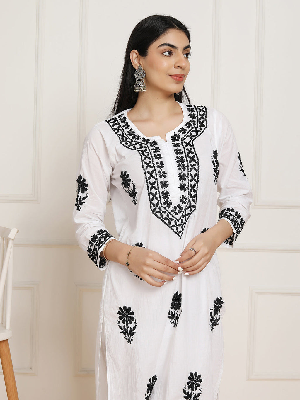 HOUSE OF KARI Women Ethnic Motifs Embroidered Regular Chikankari Pure Cotton Kurta with Trousers | Grocsy