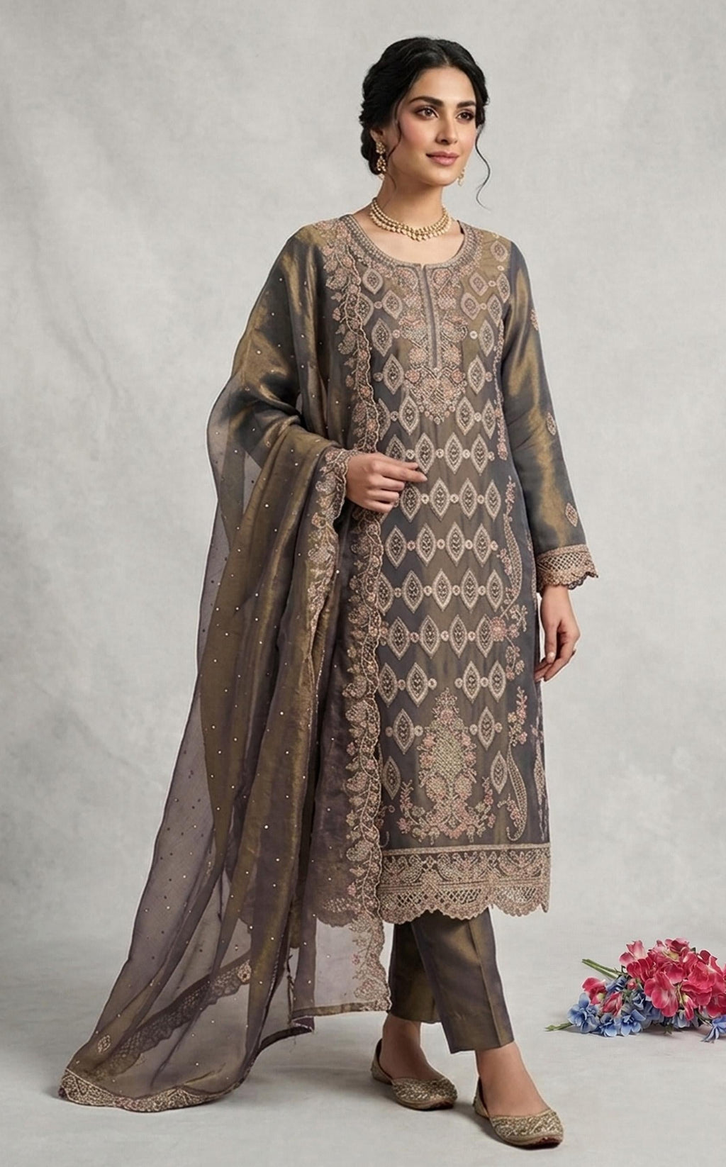 Anaita D Green Silk Suit with Embroidery & Sequence Work | Grocsy