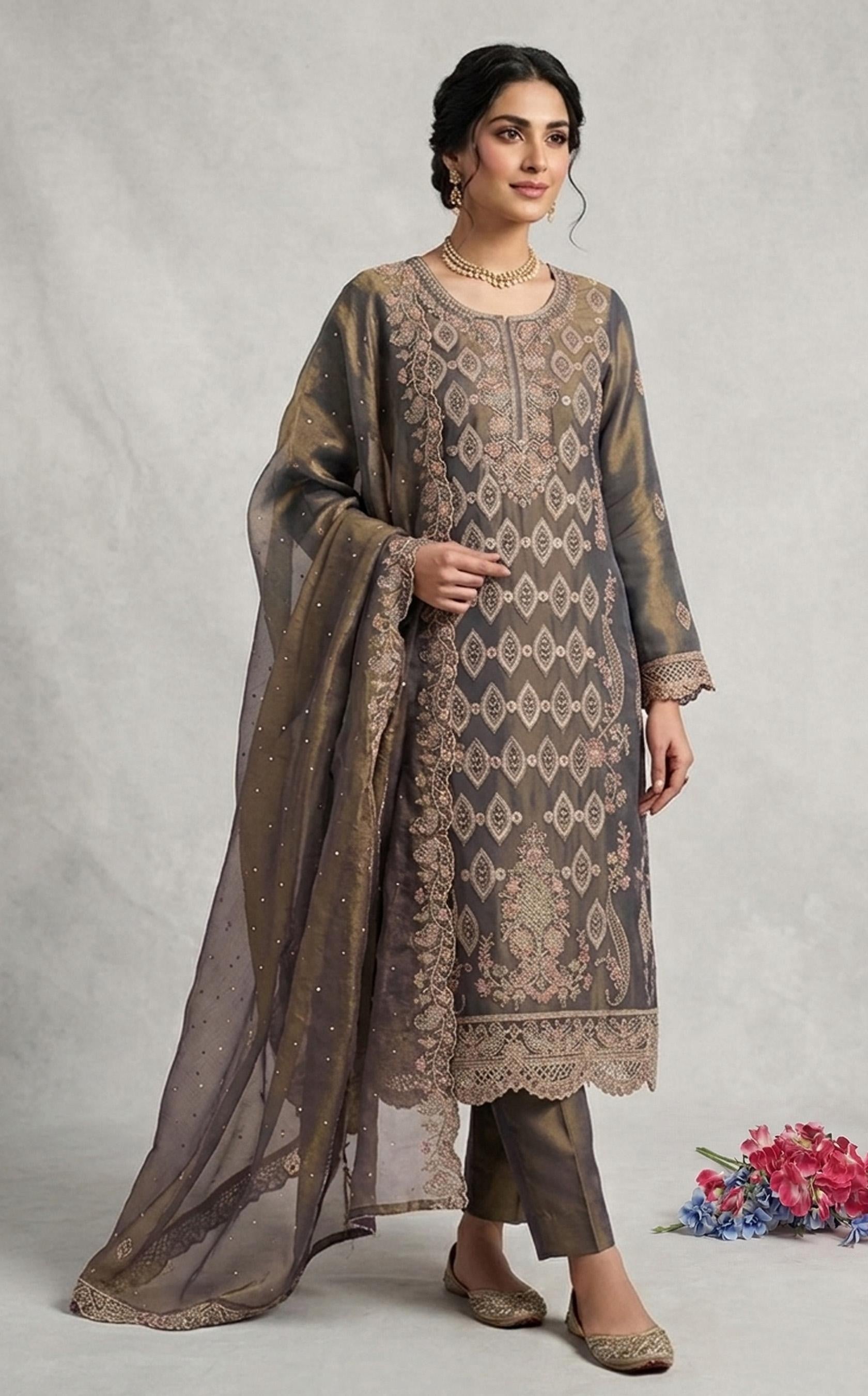 Anaita D Green Silk Suit with Embroidery & Sequence Work | Grocsy