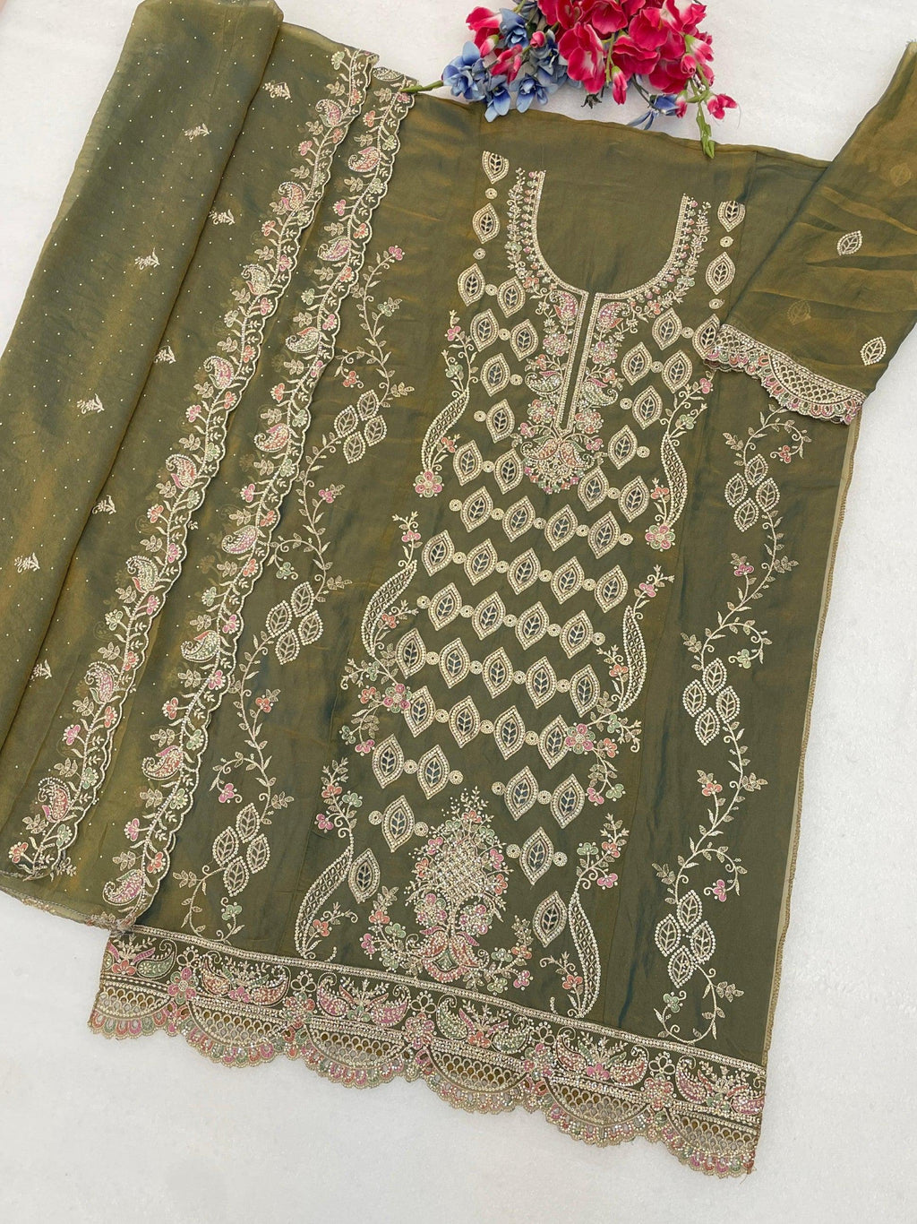 Anaita D Green Silk Suit with Embroidery & Sequence Work | Grocsy