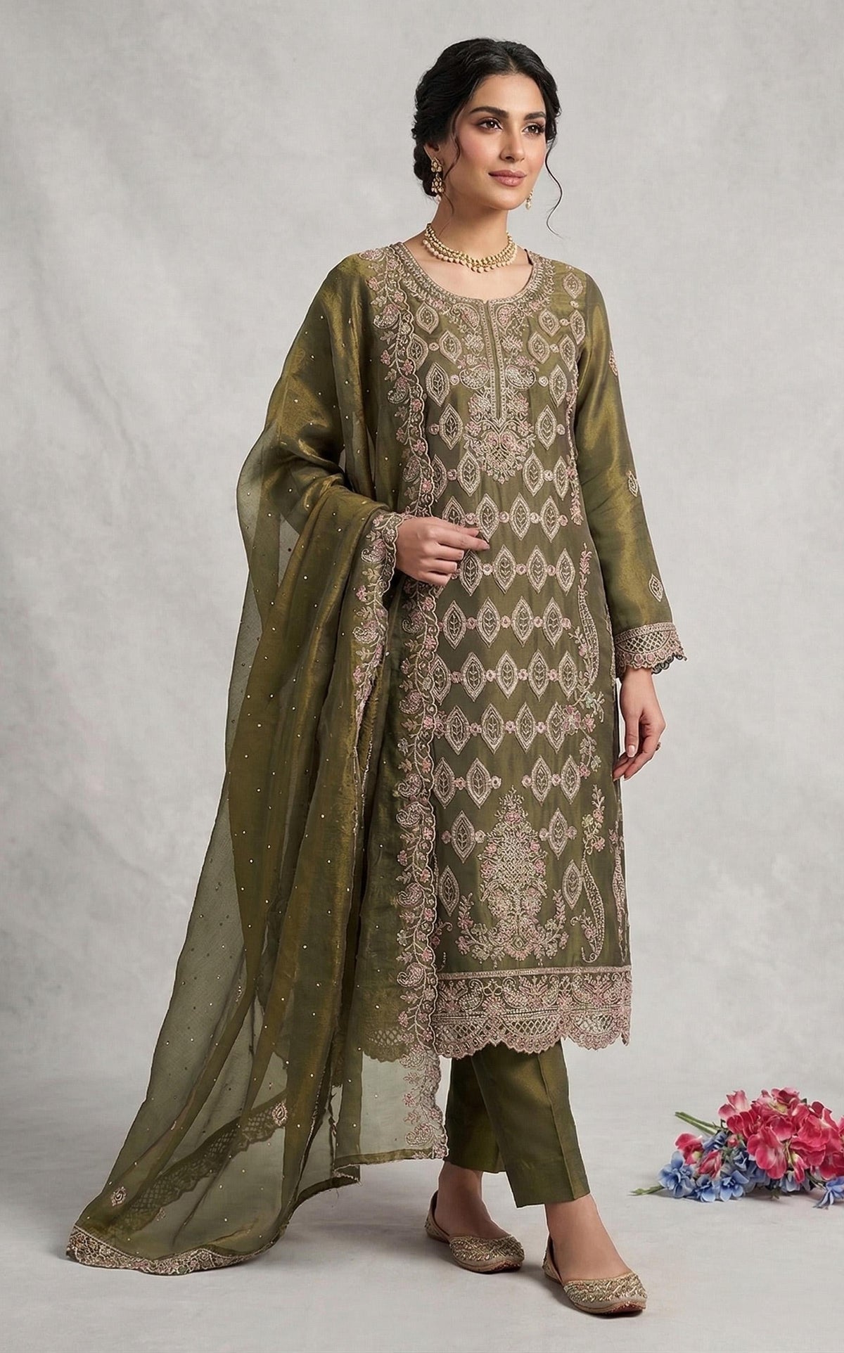 Anaita Mehendi Silk Suit with Embroidery & Sequence Work | Grocsy