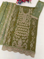 Anaita Mehendi Silk Suit with Embroidery & Sequence Work | Grocsy