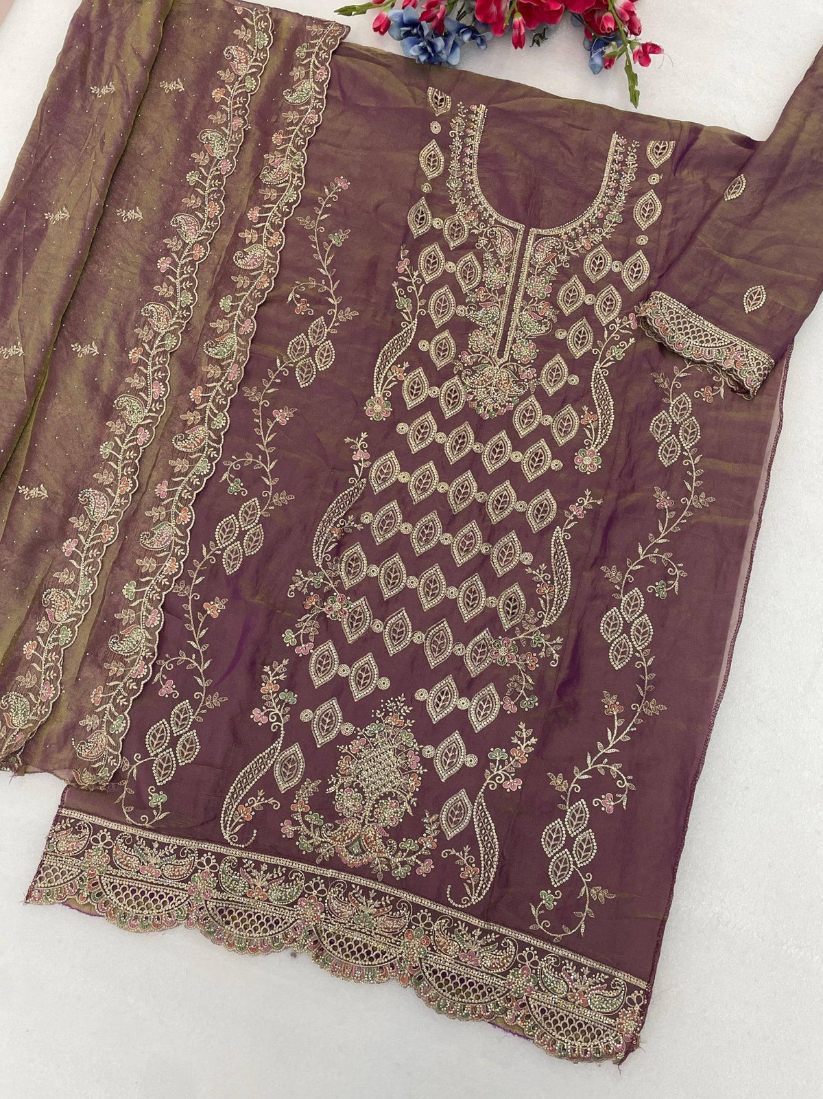Anaita Purple Silk Suit with Embroidery & Sequence Work | Grocsy