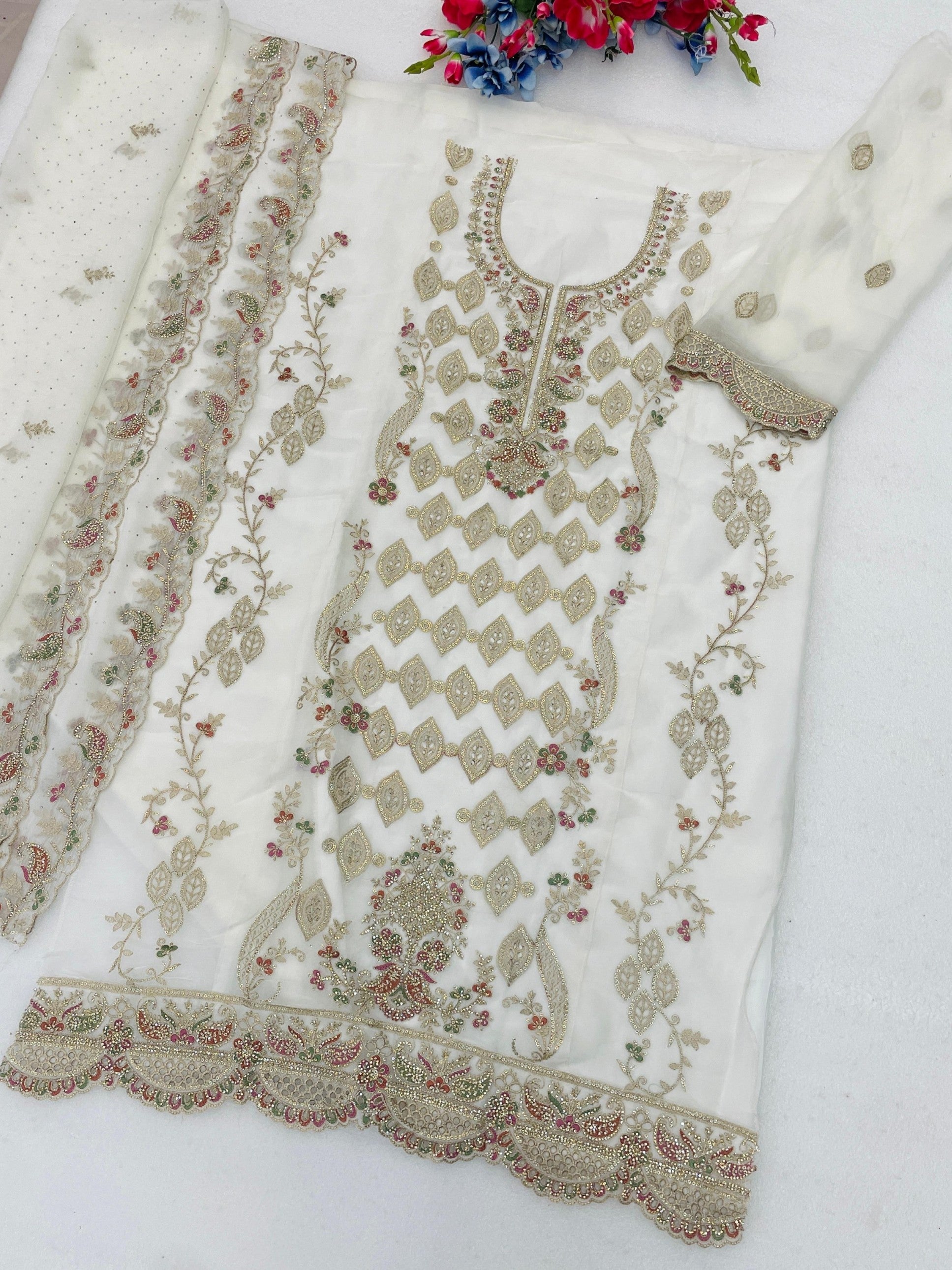 Anaita White Silk Suit with Embroidery & Sequence Work | Grocsy