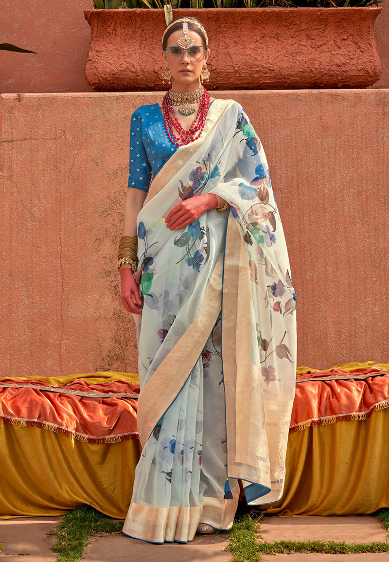 Monjolika Fashion Organza Printed Aqua Blue Contemporary Saree | Grocsy