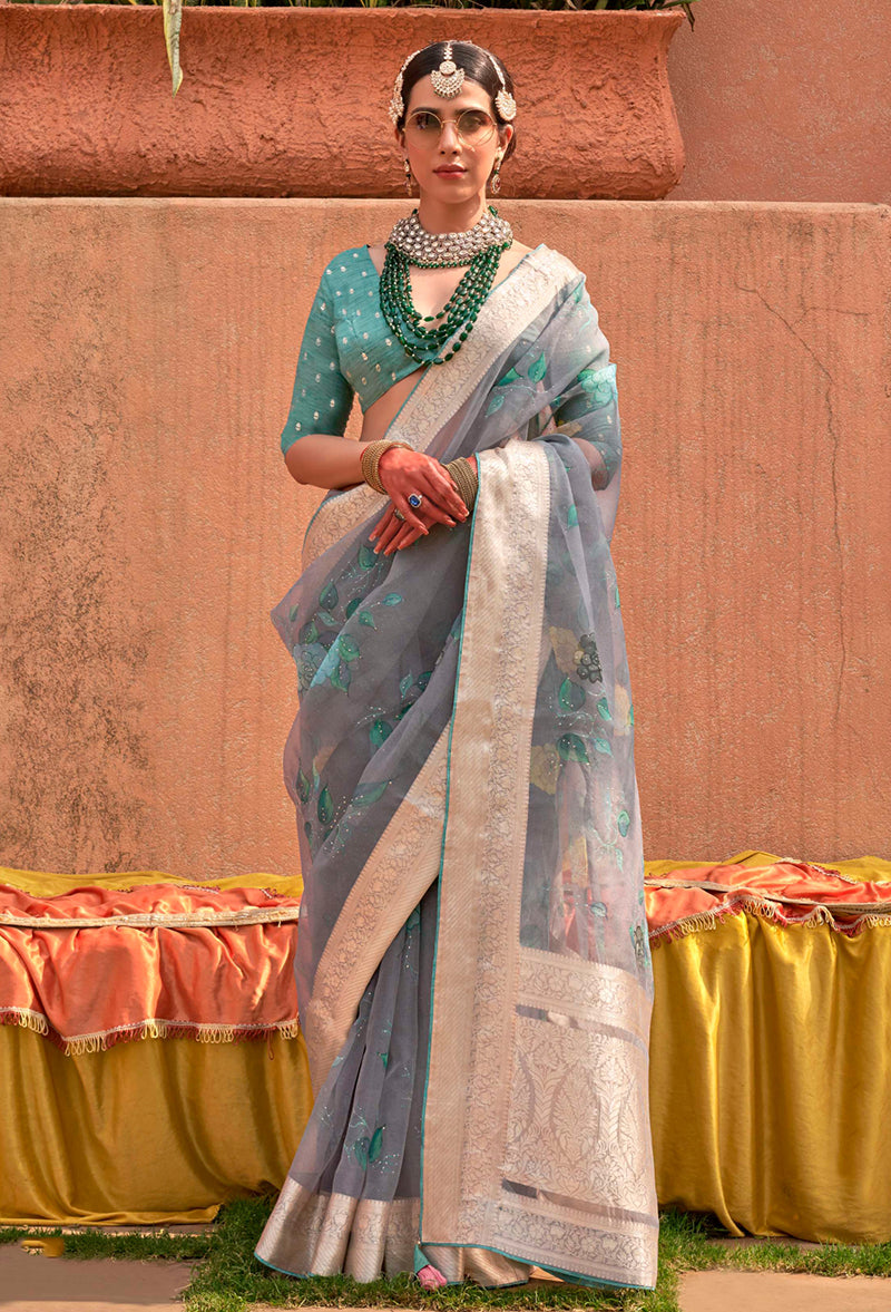 Monjolika Fashion Organza Printed Blue Contemporary Saree | Grocsy