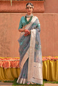 Monjolika Fashion Organza Printed Blue Contemporary Saree | Grocsy
