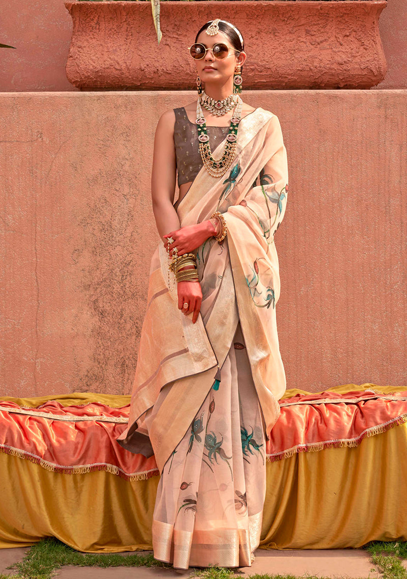 Monjolika Fashion Organza Printed Cream Contemporary Saree | Grocsy